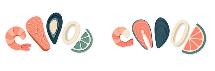 Stylized paper cut design featuring a vibrant assortment of fresh seafood and refreshing citrus slices