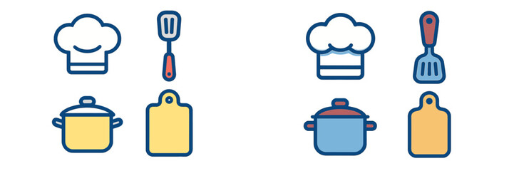 Collection of kitchen utensils and cooking equipment icons including chef hat, pot, spatula, and cutting board