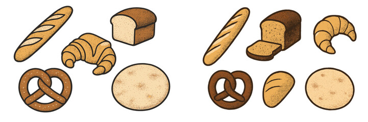 Assorted baked goods: baguette, croissant, pretzel, and bread loaf