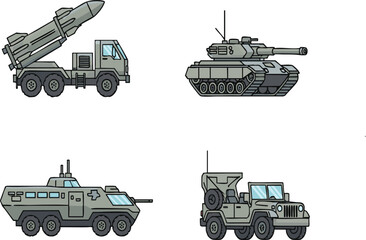 Fototapeta premium Military vehicles stand ready for deployment on the base, showcasing modern warfare technology and preparedness for national defense.