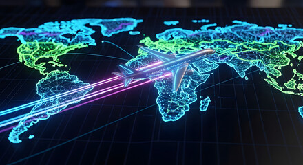 Conceptual image of international air travel and global connectivity, with a futuristic airplane flying over a glowing digital world map