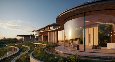 Obraz premium Futuristic eco-home with curved glass façade, integrated greenery terraces, low-contrast morning light for calm composition