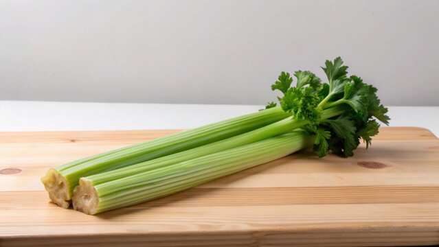 Crunchy fresh celery stalk on a wooden table