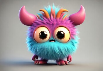 Cute colorful 3D cartoon monster with big round eyes, fluffy blue and pink fur, and small horns, designed in a playful fantasy style.