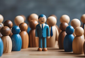 Businessman wooden figurine standing confidently among a diverse group of wooden people figures, representing individuality and authority.