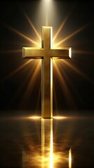 Naklejka premium Gold cross symbol on a dark background with subtle shine and reflections