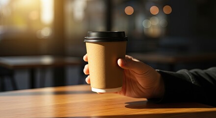 Hand Holding Paper Coffee Cup in Sunny Cafe Interior