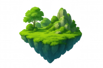 Vibrant floating island with lush green grass, trees, and rocks, set against a transparent background