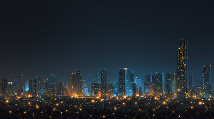 Fototapeta premium Twilight a city of modern business and smart digital innovation with a network of interconnected rewards over the cityscape of the future smart wireless digital city and social media network