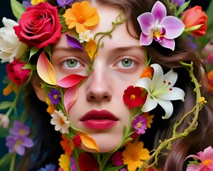 Woman with floral face art A surreal portrait of a woman with flowers and green vines covering her face, blending human beauty with nature in a vibrant, artistic style.