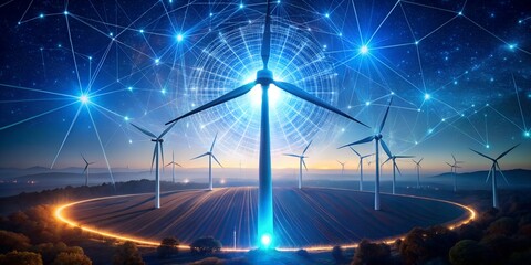 Wind turbines with glowing connections and digital network overlayed