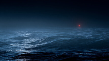 Dark ocean waves under night sky with distant red light on horizon, mysterious seascape illuminated by moonlight showing deep water texture and atmosphere