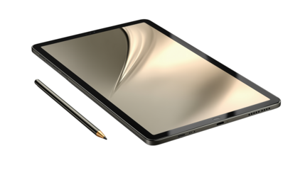 Sleek Digital Canvas: Modern Tablet with Stylus on Black Background