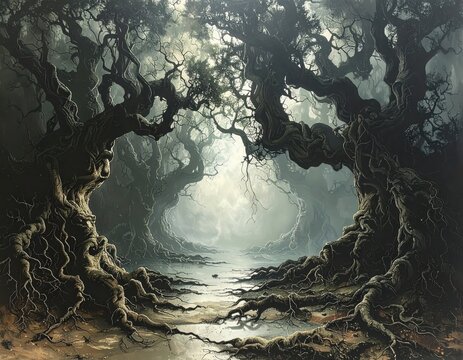A shadowy forest path winds through ancient trees with gnarled, twisted roots, bathed in a soft, ethereal light.
