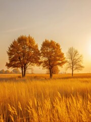 Fototapeta premium Warm golden light filters through tall grasses and deciduous trees as a serene autumn sunrise begins