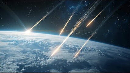 Blazing meteorites piercing atmospheric layers, burning with cosmic intensity, hurtling toward planetary surface, casting dramatic fiery descent against pitch black nightscape