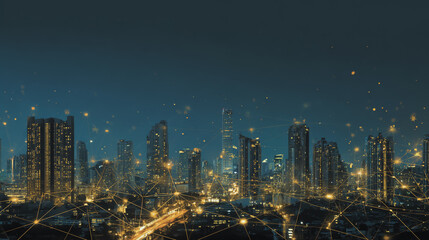 Fototapeta premium Twilight a city of modern business and smart digital innovation with a network of interconnected rewards over the cityscape of the future smart wireless digital city and social media network