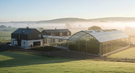 Fototapeta premium Modern farmstead with greenhouse attachment, glass corridor linking volumes, morning mist in fields