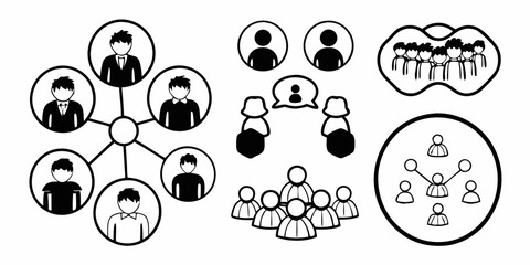 Illustration depicting various group dynamics and social connections in a network diagram format