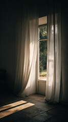 White Sheer Curtains Gently Billowing in a Soft Breeze Sunlight Streaming Through a Tranquil Window View of a Peaceful Garden Outside