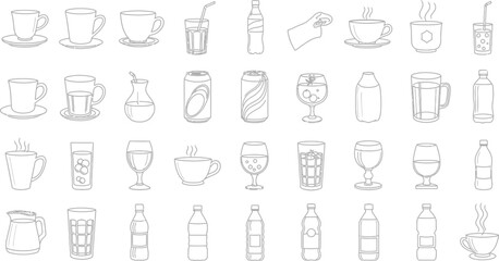 Collection of various beverage illustrations, featuring cups, bottles, and glasses in a simple, sketched style