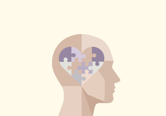 vector illustration of a human head silhouette with a heart-shaped puzzle inside for a World Mental Health Day concept of self-love and mental healing.