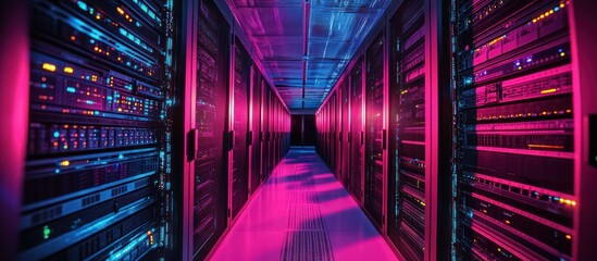 Server racks in a data center illuminated with vibrant neon lights