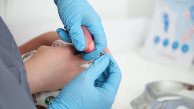 Medical professional wearing sterile gloves collecting blood sample from newborn baby heel using lancet and test card, performing routine neonatal screening in hospital clinical environment