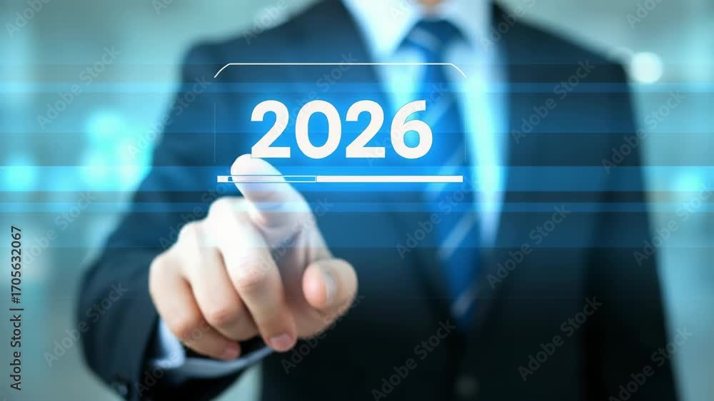 Poster Progress and transition from 2025 to 2026 concept. A person pointing to loading bar transitioning from 2025 to 2026, progress, future planning, and new year goals. annual planning.