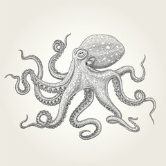 Detailed stippling octopus with curled tentacles vector illustration. Black and white marine life drawing in vintage engraving style. Hand-drawn realistic nautical artwork.