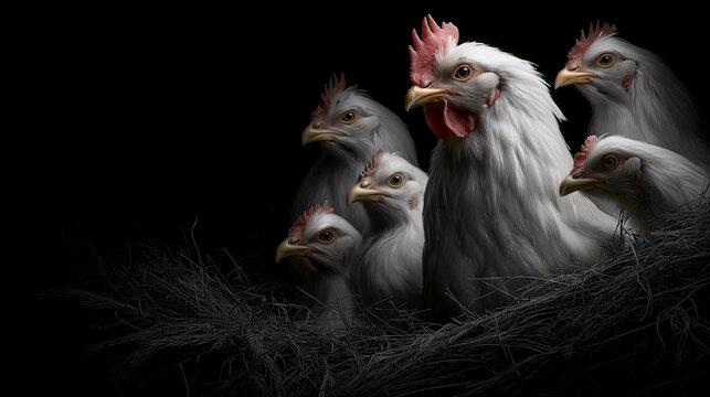 Brood of Broilers: A group of meticulously captured broilers, their white feathers contrasting against a deep black background, evoke a sense of mystery and depth in this captivating image.