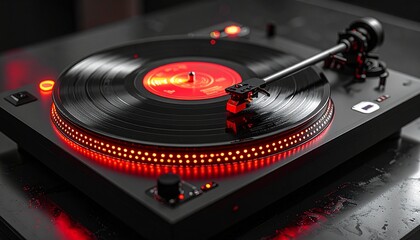 A modern record player playing a vinyl record with glowing red LED lights on the turntable.
