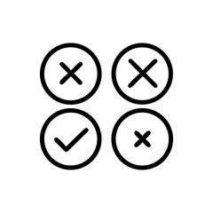Four outlined circles containing three crosses and one check mark on a white background in a square layout