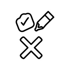 Fototapeta premium Illustration showing a check mark on a stone, a pencil, and a large x mark in black outline design