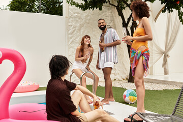 Young friends enjoy a lively pool party filled with laughter and stylish moments