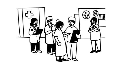 Doctors discussing patient case outside hospital building in black and white illustration style art