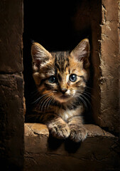 Obraz premium Striped kitten illustration peeking from small wall gap. Oil painting style cat with M shaped forehead marking. Timid kitten portrait with gray eyes in sunlight. 