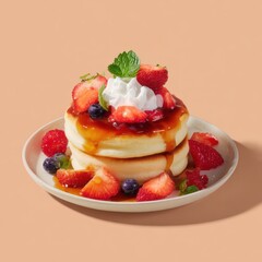 Delicious homemade fluffy pancakes topped with whipped cream fresh strawberries blueberries and mint leaves served on a white plate against a peach background
