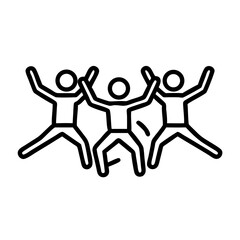 Three stick figures jumping with arms raised in a line, simple black outline on a white background image