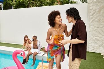 Stylish friends celebrate summer joy at a vibrant pool party filled with laughter and connection