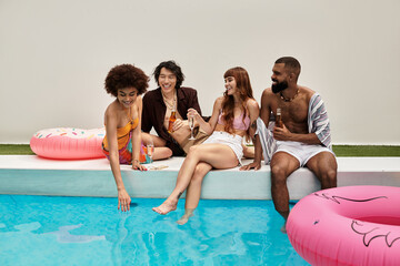 Young stylish friends enjoying a joyful moment together at a lively pool party during summer