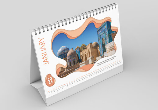 Desk Calendar Layout with Abstract Cutout for Images Placeholder