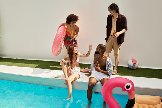 Friends enjoying a joyful afternoon together at a lively pool party filled with laughter