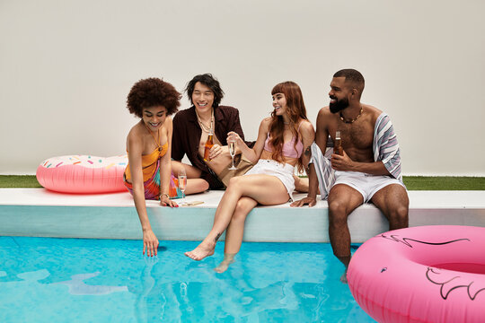 Young stylish friends enjoying a joyful moment together at a lively pool party during summer