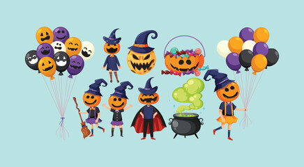 Halloween Vector Objects with Pumpkin Characters and Balloons