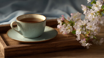 Cup of tea on wooden tray beside blooming cherry flowers, cozy morning still life with warm sunlight and soft fabric background