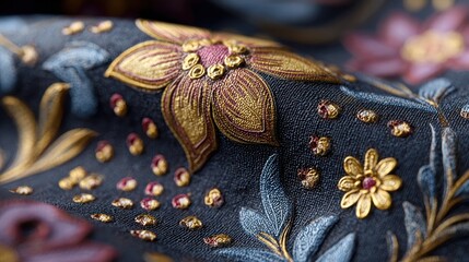 Detailed Embossed Floral Design on Textured Fabric with Metallic Accents