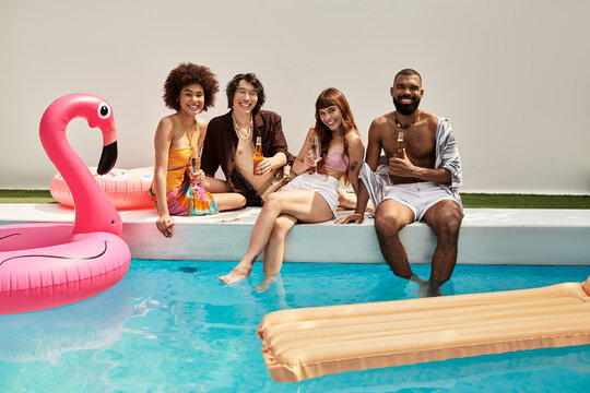 Stylish young friends enjoy a vibrant pool party filled with laughter and connection - Powered by Adobe