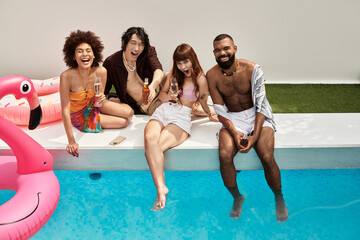Stylish young friends enjoy a joyous pool party while bonding and celebrating together
