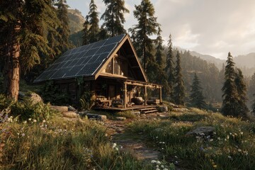 Obraz premium Cozy Sustainable Cabin in Lush Green Forest with Solar Panels